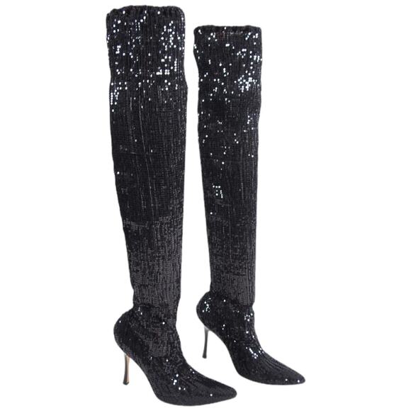 Manolo Blahnik Sequined Pascalare Over the Knee Boots Black Size 37.5 - Picture 1 of 12